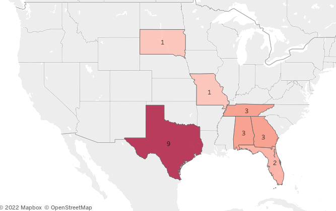 Zis map of the southern United States und there 2019 numbers 